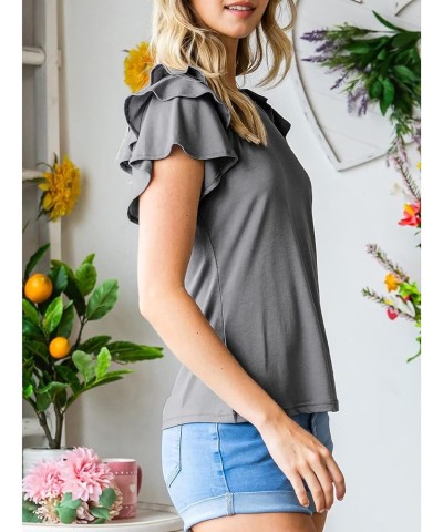 Women's Ruffle Sleeve Top Summer Crewneck Dressy Soft Casual Fitted Basic Tee Plain T Shirts Purplish Grey $7.94 Tops