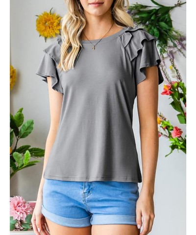 Women's Ruffle Sleeve Top Summer Crewneck Dressy Soft Casual Fitted Basic Tee Plain T Shirts Purplish Grey $7.94 Tops