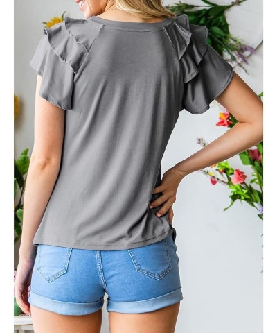 Women's Ruffle Sleeve Top Summer Crewneck Dressy Soft Casual Fitted Basic Tee Plain T Shirts Purplish Grey $7.94 Tops