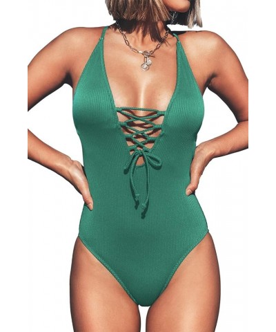 Women's Solid Color V Neck Lace Up One Piece Swimsuit Green $20.39 Swimsuits