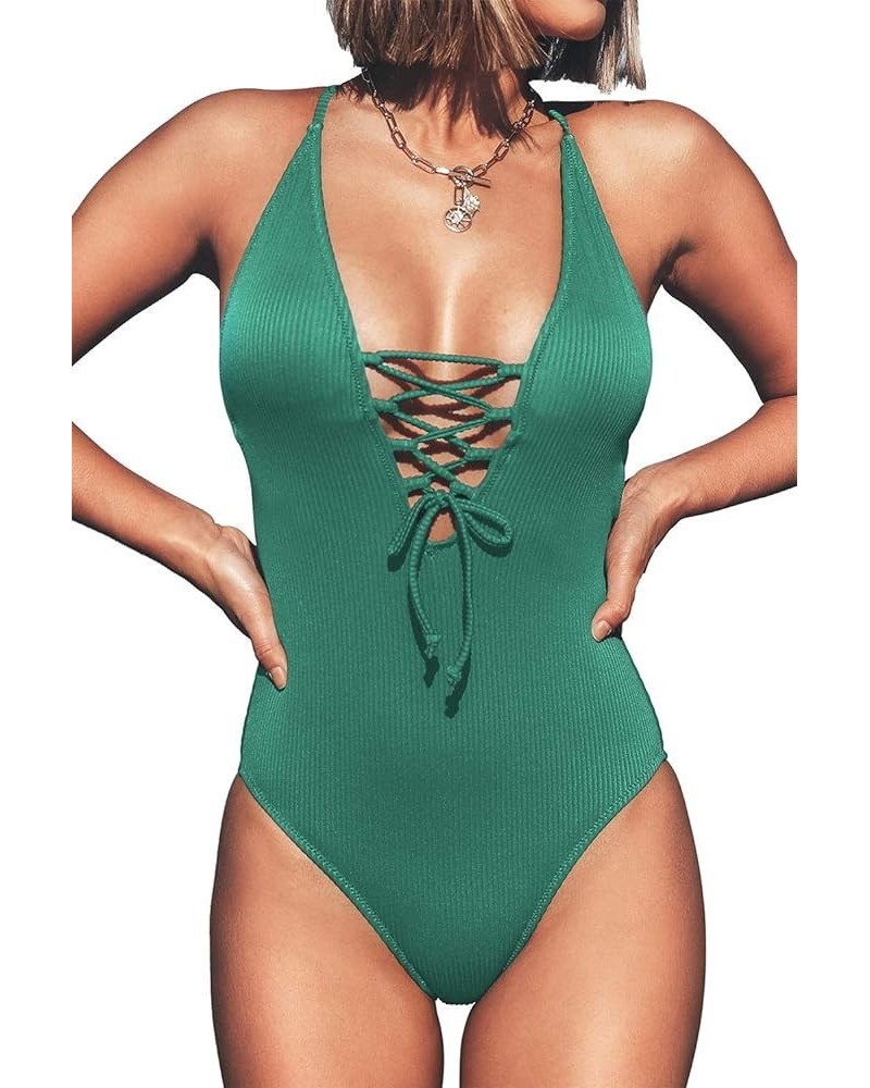 Women's Solid Color V Neck Lace Up One Piece Swimsuit Green $20.39 Swimsuits