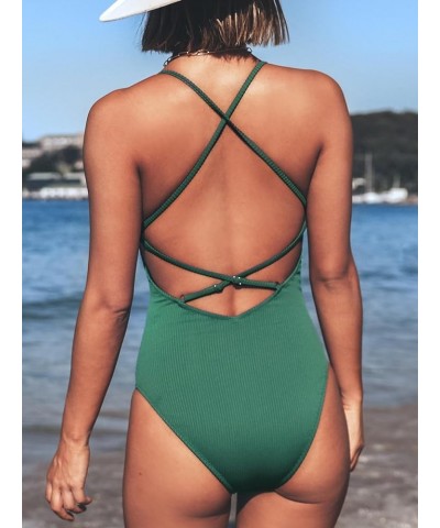 Women's Solid Color V Neck Lace Up One Piece Swimsuit Green $20.39 Swimsuits