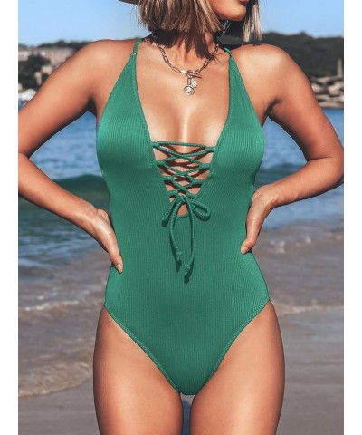 Women's Solid Color V Neck Lace Up One Piece Swimsuit Green $20.39 Swimsuits