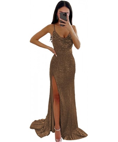 Mermaid Sequin Prom Dresses 2024 Long Slit Cowl Neck Evening Formal Dress with Slit Brown $35.74 Dresses