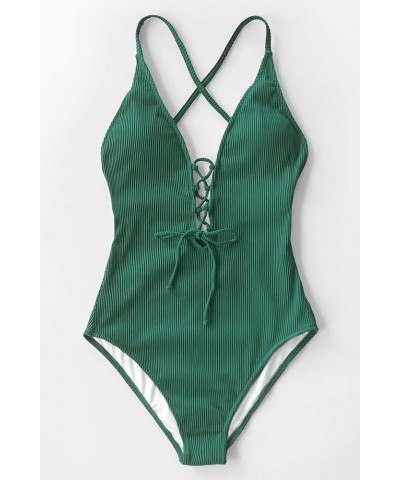 Women's Solid Color V Neck Lace Up One Piece Swimsuit Green $20.39 Swimsuits