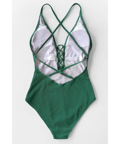 Women's Solid Color V Neck Lace Up One Piece Swimsuit Green $20.39 Swimsuits