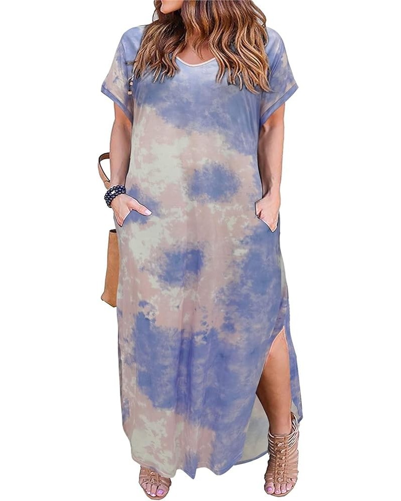 Women's Casual Loose Pocket Long Dress Short Sleeve Plus Size Slit Maxi Dress Purple+tie-dyed $22.22 Dresses