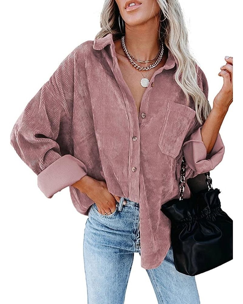 Women's Casual Lightweight Corduroy Oversized Button-Down Shirt Jacket Pink $13.15 Jackets