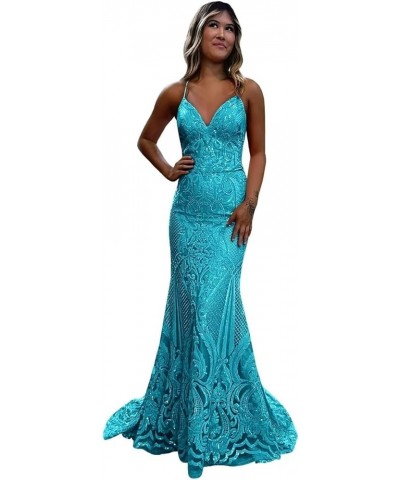 V-Neck Tight Sequin Prom Dresses for Women Long Sparkly Spaghetti Straps Formal Evening Party Gowns Blue $40.69 Dresses