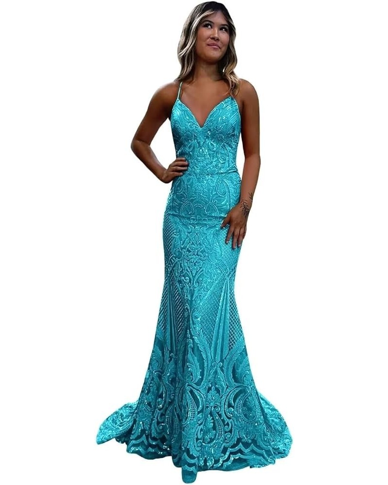 V-Neck Tight Sequin Prom Dresses for Women Long Sparkly Spaghetti Straps Formal Evening Party Gowns Blue $40.69 Dresses