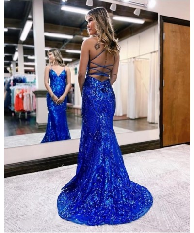 V-Neck Tight Sequin Prom Dresses for Women Long Sparkly Spaghetti Straps Formal Evening Party Gowns Blue $40.69 Dresses