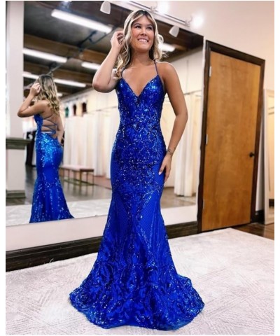 V-Neck Tight Sequin Prom Dresses for Women Long Sparkly Spaghetti Straps Formal Evening Party Gowns Blue $40.69 Dresses