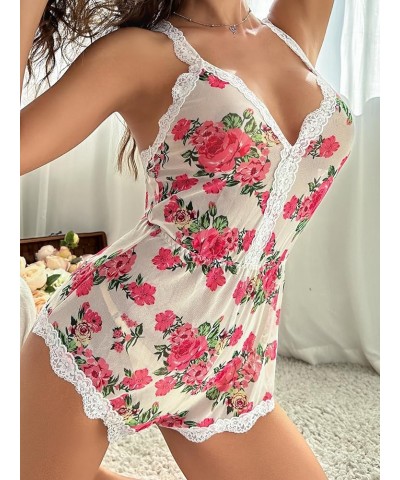 Women's Lace Trim Floral Mesh Sleep Romper Pajama Onesie Chemise Nightgown Multicolor $14.74 Sleep & Lounge