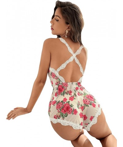 Women's Lace Trim Floral Mesh Sleep Romper Pajama Onesie Chemise Nightgown Multicolor $14.74 Sleep & Lounge