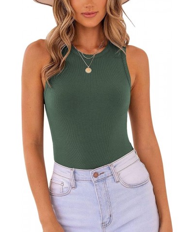 Women's Basic Sleeveless Racer Back Halter Neck Ribbed Bodysuit Tank Tops Army-green $10.00 Bodysuits