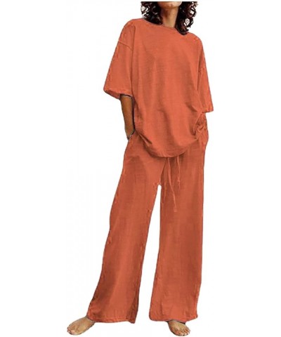 2 Piece Outfits for Women Loose Casual Short Sleeve T Shirts Top Cotton Linen Long Pants Tracksuit 1-orange $14.85 Sleep & Lo...