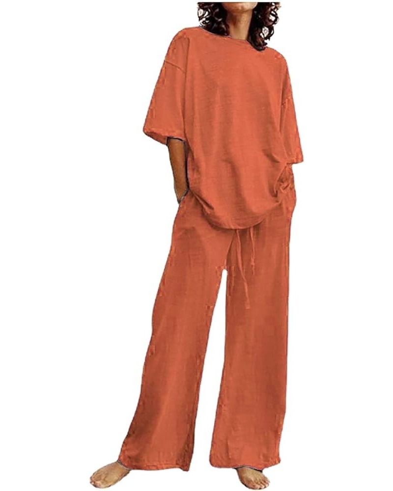 2 Piece Outfits for Women Loose Casual Short Sleeve T Shirts Top Cotton Linen Long Pants Tracksuit 1-orange $14.85 Sleep & Lo...