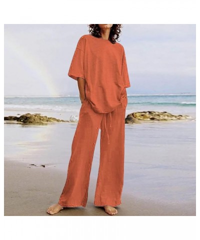 2 Piece Outfits for Women Loose Casual Short Sleeve T Shirts Top Cotton Linen Long Pants Tracksuit 1-orange $14.85 Sleep & Lo...