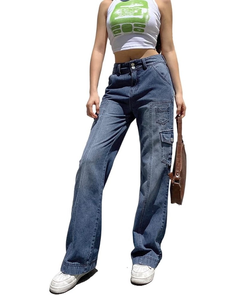 Women High Waisted Wide Leg Pants Side Pocket Baggy Jeans Vintage Jeans for Teen Girls Mom Blue $14.88 Pants