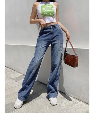 Women High Waisted Wide Leg Pants Side Pocket Baggy Jeans Vintage Jeans for Teen Girls Mom Blue $14.88 Pants