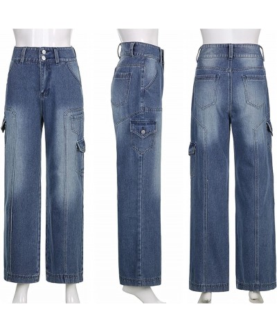 Women High Waisted Wide Leg Pants Side Pocket Baggy Jeans Vintage Jeans for Teen Girls Mom Blue $14.88 Pants