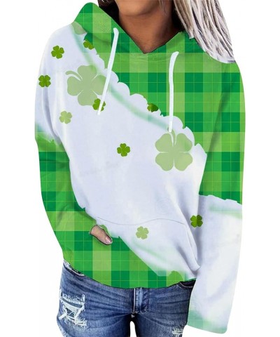 Women Drawstring Long Sleeve St. Patrick's Day Pullover Round Neck With Pockets Sweatshirt Shamrock Print Hoodies Light Green...