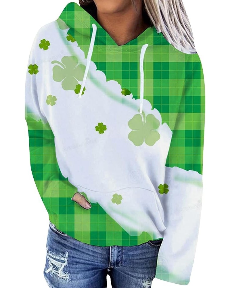 Women Drawstring Long Sleeve St. Patrick's Day Pullover Round Neck With Pockets Sweatshirt Shamrock Print Hoodies Light Green...