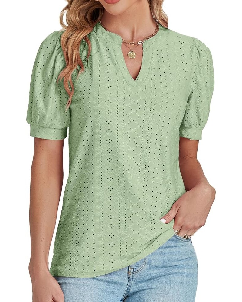 Women's Casual Eyelet V Neck Puff Short Sleeve Shirt Blouse Tunic Top Light Green $13.63 Blouses