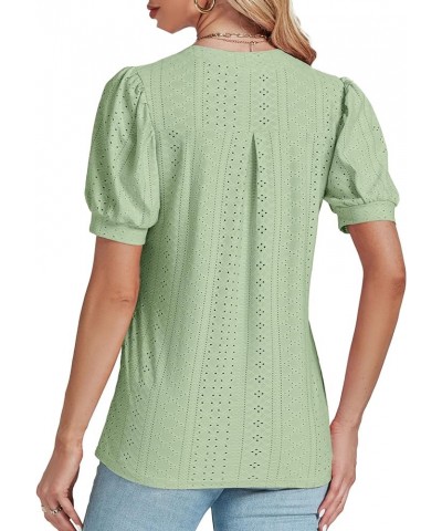 Women's Casual Eyelet V Neck Puff Short Sleeve Shirt Blouse Tunic Top Light Green $13.63 Blouses