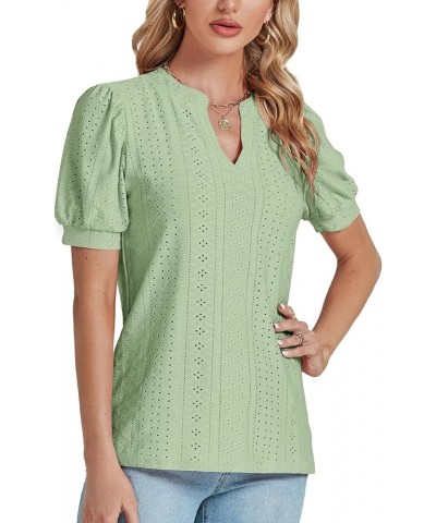 Women's Casual Eyelet V Neck Puff Short Sleeve Shirt Blouse Tunic Top Light Green $13.63 Blouses