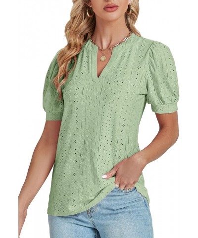 Women's Casual Eyelet V Neck Puff Short Sleeve Shirt Blouse Tunic Top Light Green $13.63 Blouses