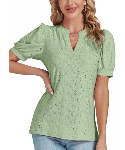 Women's Casual Eyelet V Neck Puff Short Sleeve Shirt Blouse Tunic Top Light Green $13.63 Blouses