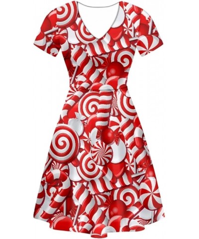 Women Puffy Dresses Midi Sundress Short Sleeve V-Neck Casual Dresses Plus Size S-4XL Christmas Candy Cane $14.99 Dresses