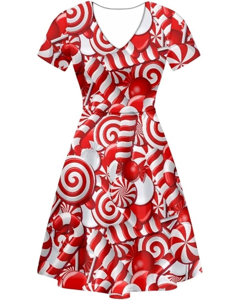 Women Puffy Dresses Midi Sundress Short Sleeve V-Neck Casual Dresses Plus Size S-4XL Christmas Candy Cane $14.99 Dresses