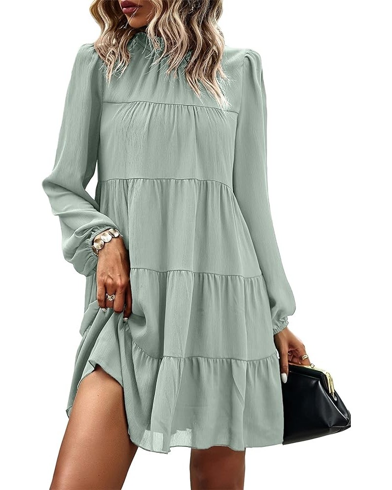 Women's Long Sleeve Ruffle Mock Neck Tiered Mini Babydoll Dress Casual Flowy Swing Tunic Shift Dresses Light Green $28.33 Dre...