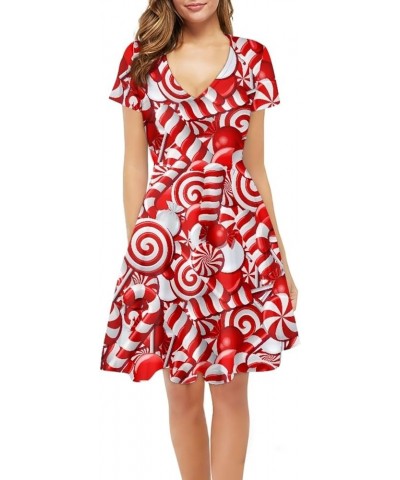 Women Puffy Dresses Midi Sundress Short Sleeve V-Neck Casual Dresses Plus Size S-4XL Christmas Candy Cane $14.99 Dresses