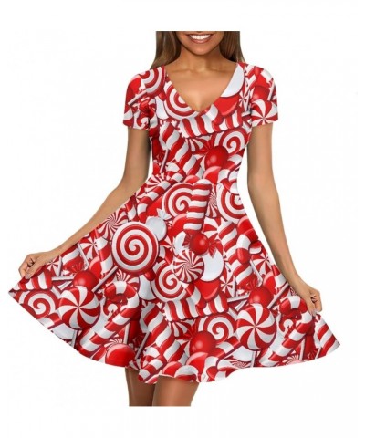 Women Puffy Dresses Midi Sundress Short Sleeve V-Neck Casual Dresses Plus Size S-4XL Christmas Candy Cane $14.99 Dresses