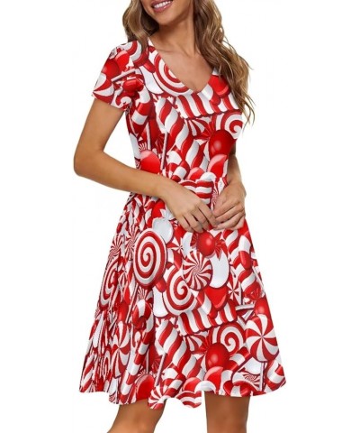 Women Puffy Dresses Midi Sundress Short Sleeve V-Neck Casual Dresses Plus Size S-4XL Christmas Candy Cane $14.99 Dresses