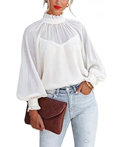 Women's Long Sleeve Ruffle Neck Chiffon Blouse High Neckline Relaxed Fit Tops White $18.55 Tops