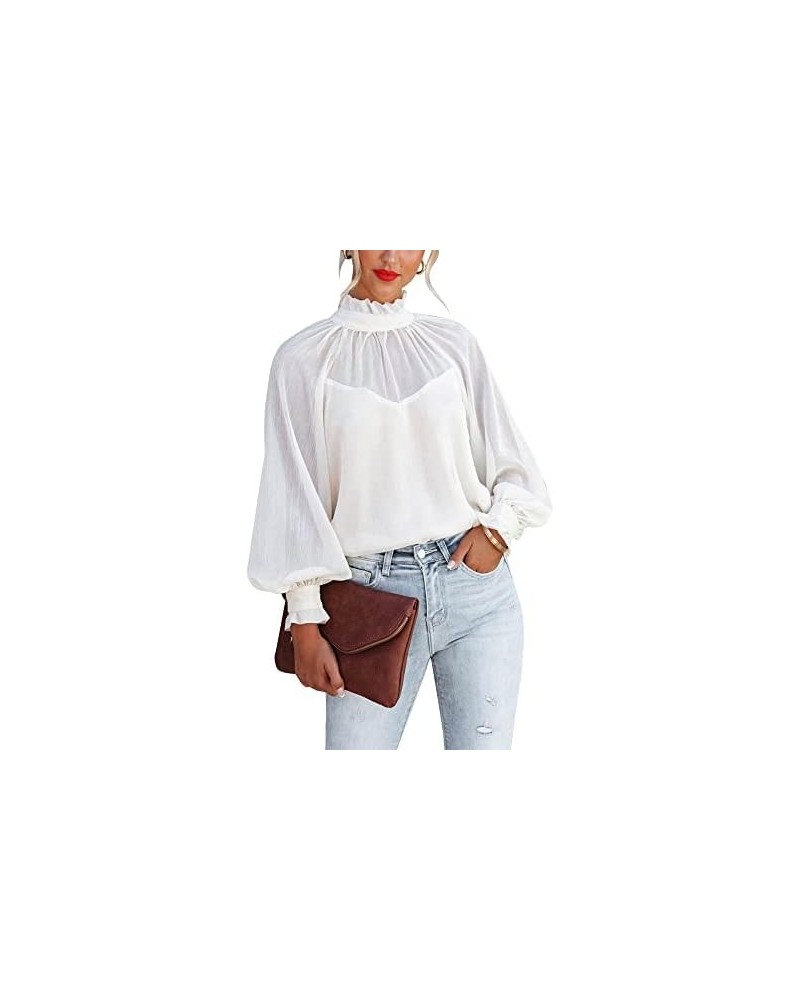 Women's Long Sleeve Ruffle Neck Chiffon Blouse High Neckline Relaxed Fit Tops White $18.55 Tops