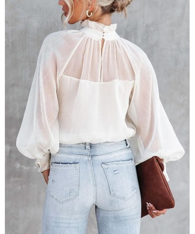 Women's Long Sleeve Ruffle Neck Chiffon Blouse High Neckline Relaxed Fit Tops White $18.55 Tops