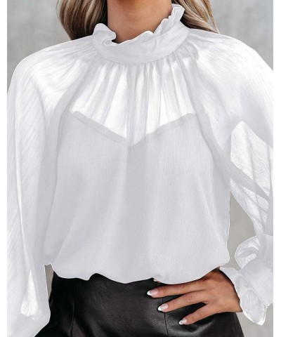 Women's Long Sleeve Ruffle Neck Chiffon Blouse High Neckline Relaxed Fit Tops White $18.55 Tops