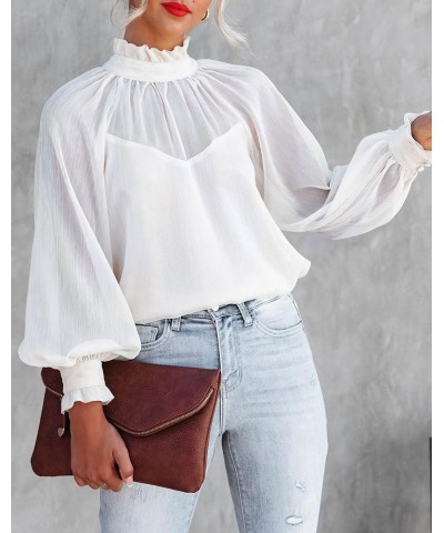 Women's Long Sleeve Ruffle Neck Chiffon Blouse High Neckline Relaxed Fit Tops White $18.55 Tops