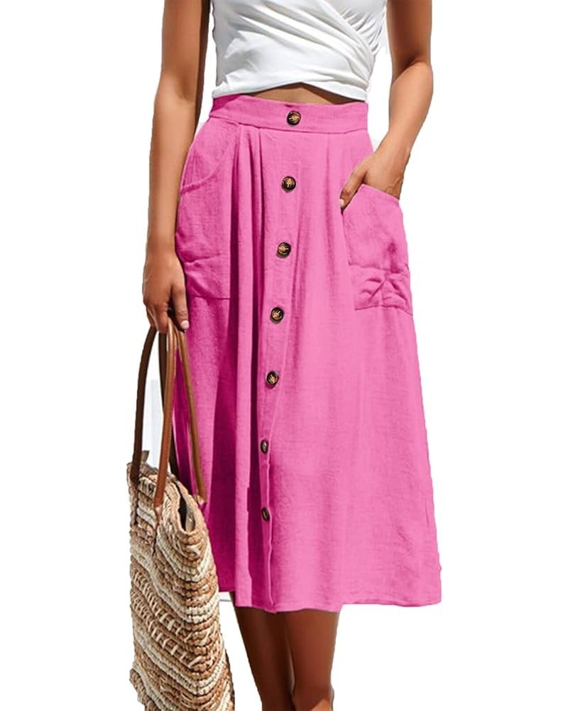 Women's Polka Dot Midi Skirts Casual High Elastic Waist A Line Pleated Midi Chiffon Skirts with Pockets Hot Pink $19.75 Skirts