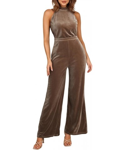 Women's Sleeveless Halter Neck Wide Leg Romper Casual Velvet Corduroy Jumpsuits with Pockets Brown $21.10 Jumpsuits