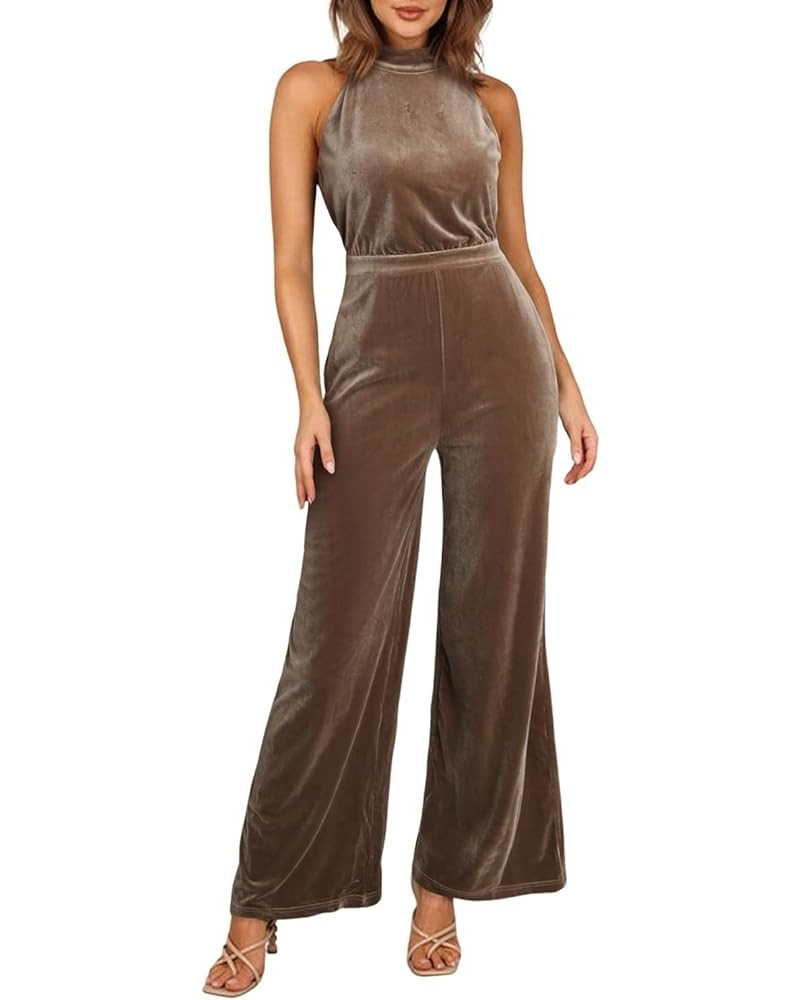 Women's Sleeveless Halter Neck Wide Leg Romper Casual Velvet Corduroy Jumpsuits with Pockets Brown $21.10 Jumpsuits