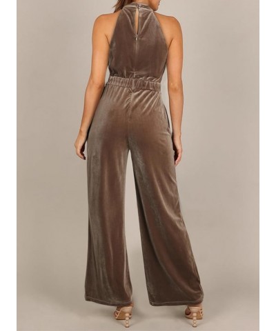 Women's Sleeveless Halter Neck Wide Leg Romper Casual Velvet Corduroy Jumpsuits with Pockets Brown $21.10 Jumpsuits