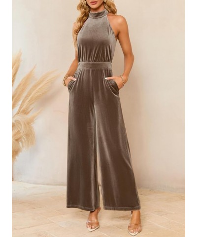 Women's Sleeveless Halter Neck Wide Leg Romper Casual Velvet Corduroy Jumpsuits with Pockets Brown $21.10 Jumpsuits