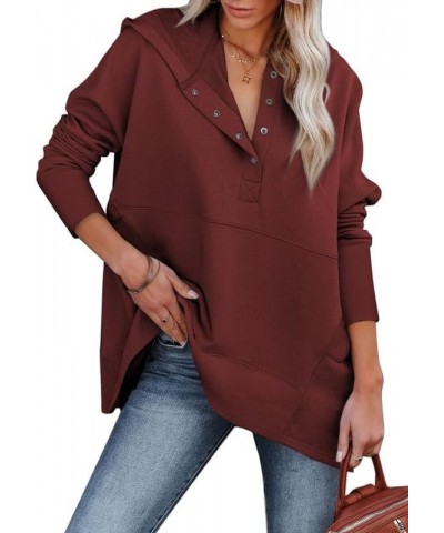 Womens Oversized Sweatshirt Hoodies Casual Button V Neck Hooded Pullover Tops with Pocket B-red $24.77 Hoodies & Sweatshirts