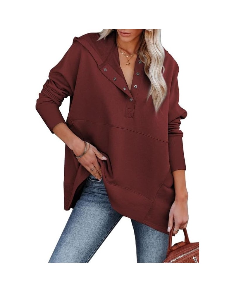 Womens Oversized Sweatshirt Hoodies Casual Button V Neck Hooded Pullover Tops with Pocket B-red $24.77 Hoodies & Sweatshirts